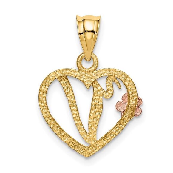 14k Two Tone Gold Grace Collection 15mm Heart Initial V Pendant - Picture 3 of 5